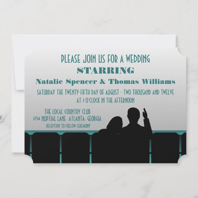Movie Theater Wedding Invite, Teal Invitation (Front)