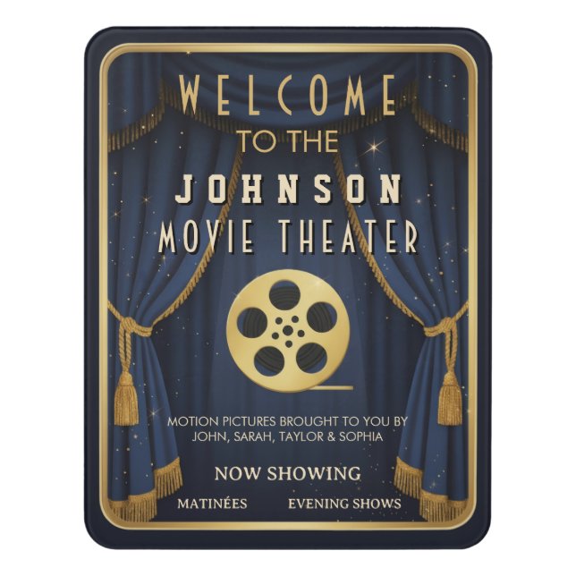 Movie Theatre Custom Name Home Cinema Blue Door Sign (Contemporary Vert)