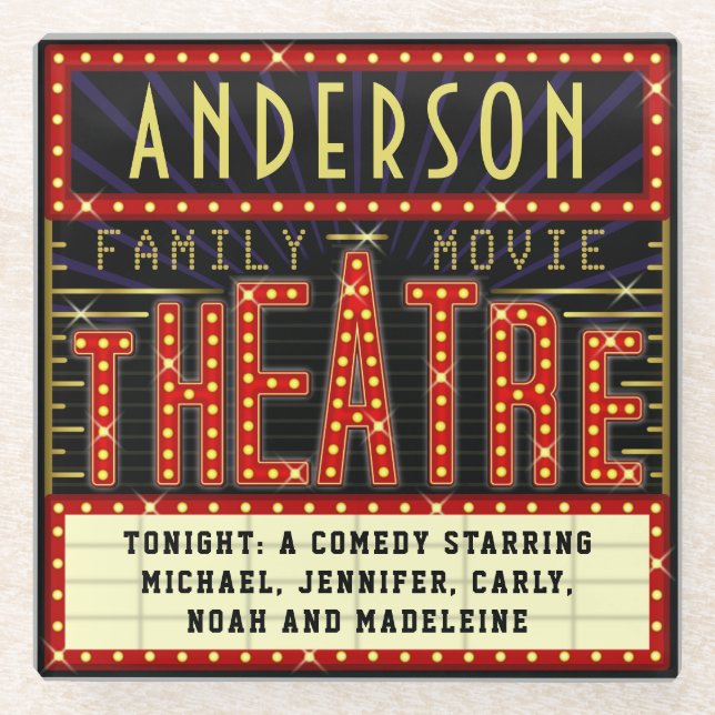 Movie Theatre Marquee Home Cinema | Custom Name Glass Coaster (Front)