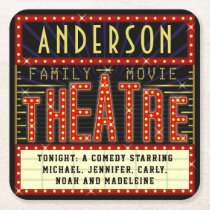 Movie Theatre Marquee Home Cinema | Custom Name Square Paper Coaster
