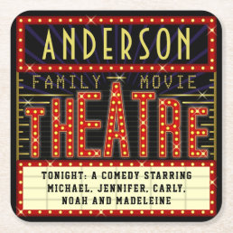Movie Theatre Marquee Home Cinema | Custom Name Square Paper Coaster