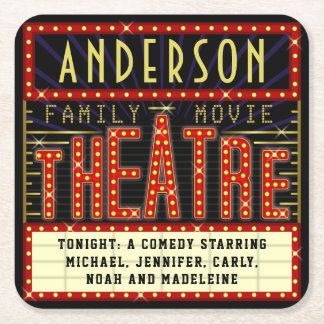 Movie Theatre Marquee Home Cinema | Custom Name Square Paper Coaster