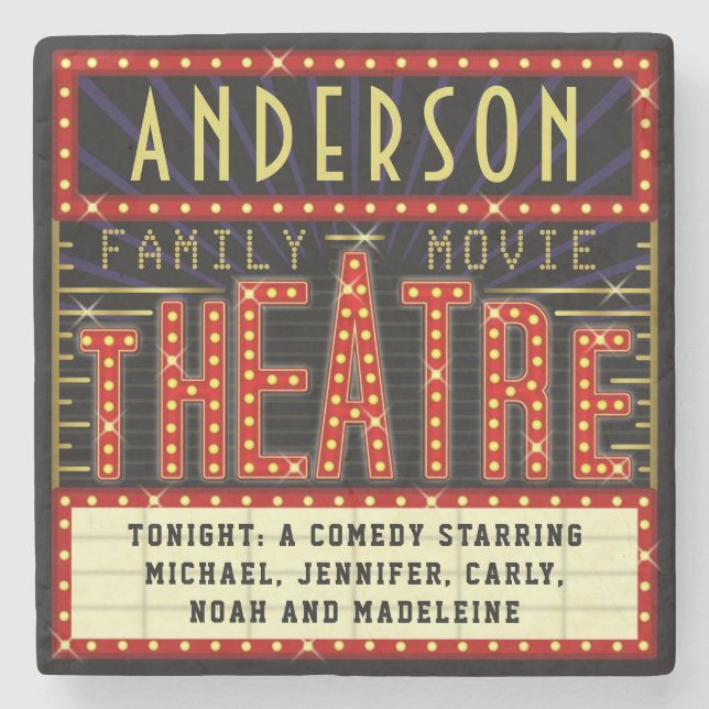 Movie Theatre Marquee Home Cinema | Custom Name Stone Coaster (Front)