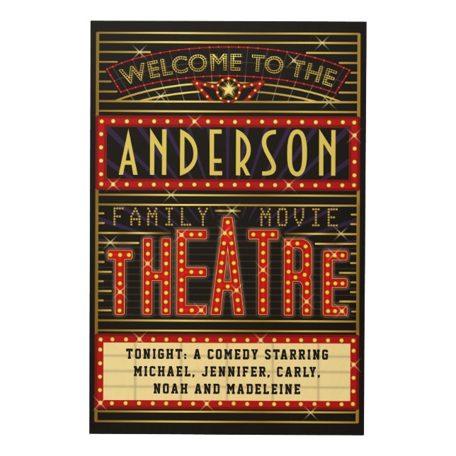 Movie Theatre Marquee Home Cinema | Name 24 x 36 Wood Wall Art (Front)
