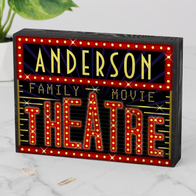Movie Theatre Marquee Home Cinema Room Custom Name Wooden Box Sign (In Situ Horizontal)