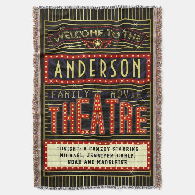 Movie Theatre Marquee Home Theater Cinema | Name Throw Blanket (Front Vertical)