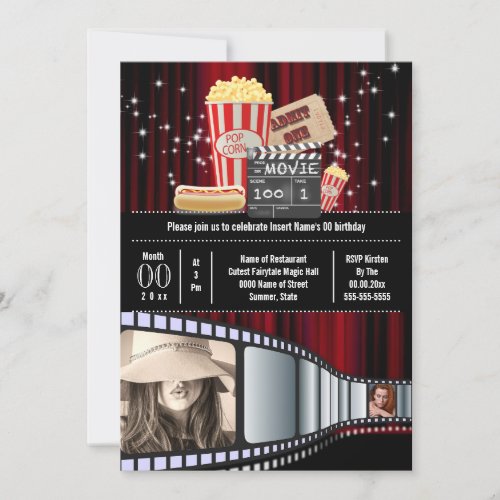 Movie theme 2 photo strip cinema popcorn party invitation