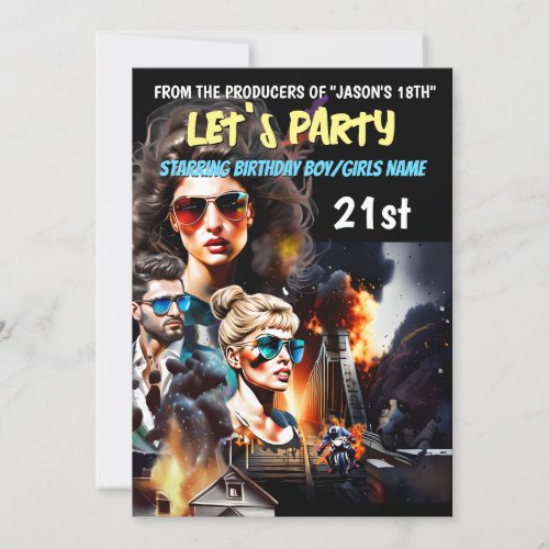 Movie theme action drama poster adults birthday invitation