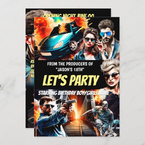 Movie theme action thriller poster adults birthday invitation