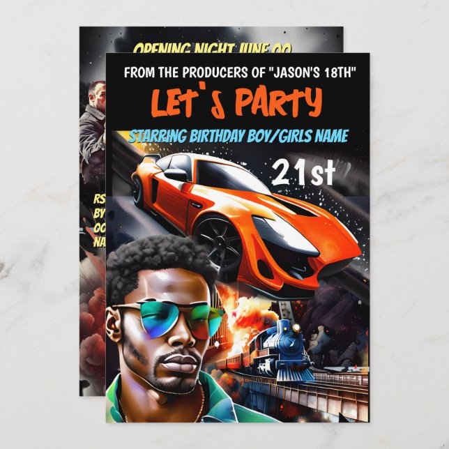 Movie theme high drama action cars gangsters invitation (Front/Back)