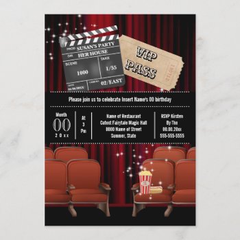 Movie Theme Inside Cinema Ticket Popcorn Party Invitation by mensgifts at Zazzle