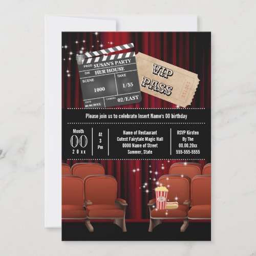 Movie theme inside cinema ticket popcorn party invitation