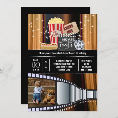 Movie theme photo film cinema popcorn party invitation