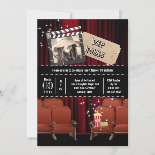 Movie theme photo inside ticket popcorn party invitation