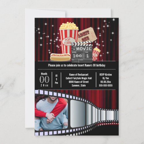 Movie theme photo strip cinema popcorn party invitation