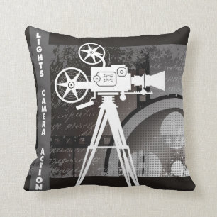 Movie Theme Pillow, Lights, Camera, Action 16x16 Throw Pillow