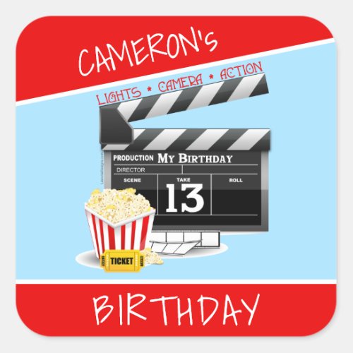 Movie Theme Popcorn 13th Birthday Square Sticker