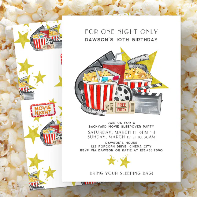 Movie Themed Backyard Sleepover Party Birthday Invitation | Zazzle