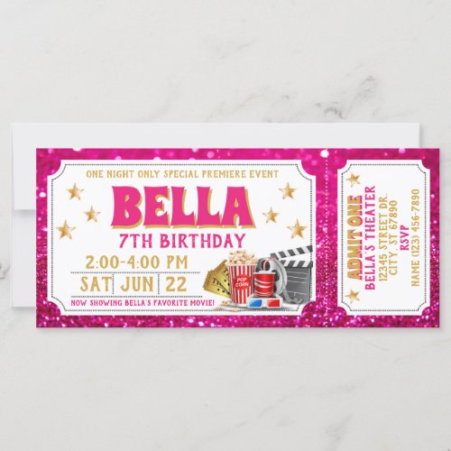 Movie Ticket Birthday Invitation Pink Glitter