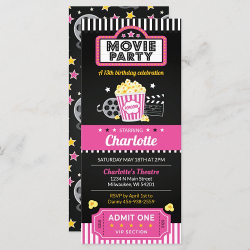 Movie Ticket Invite Movie Night Invitation Pink