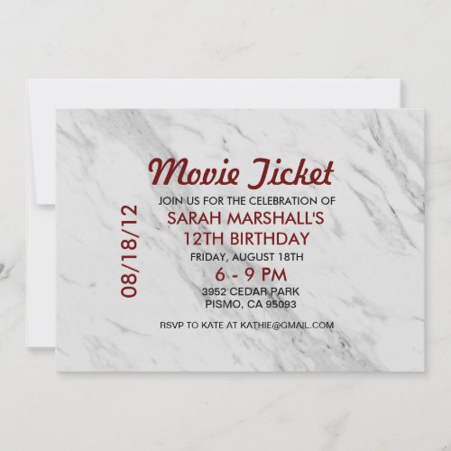 Movie Ticket  Marble Invitation