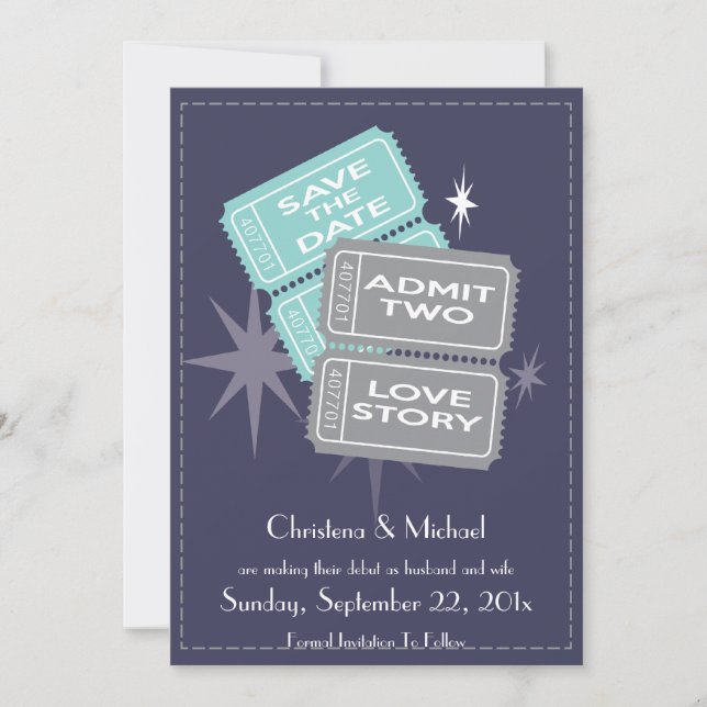 Movie Tickets Save the Date Card (Blue) (Front)