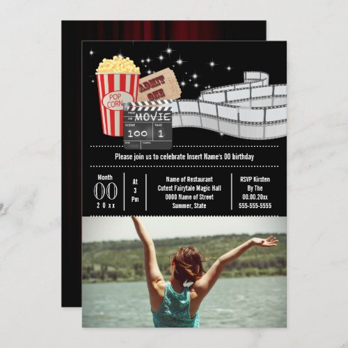 Movie VIP photo film reel popcorn adult party Invitation