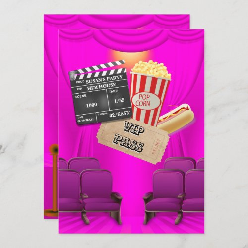 Movie VIP popcorn ticket clapper board girls party Invitation