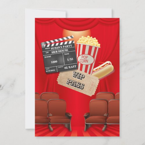 Movie VIP popcorn ticket clapper board party Invitation