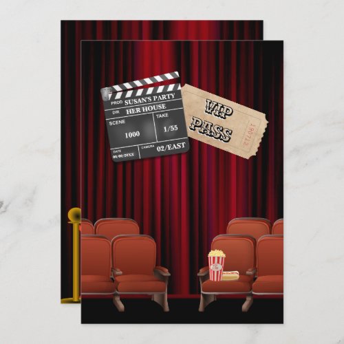 Movie VIP popcorn ticket clapper board screening Invitation