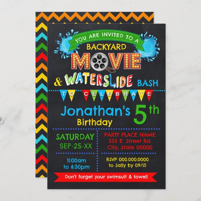 Movie Waterslide Birthday Party Bash Primary Color Invitation (Front/Back)