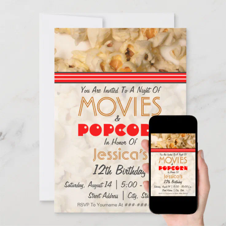 Movies &amp; Popcorn Birthday Party Invitation | Zazzle