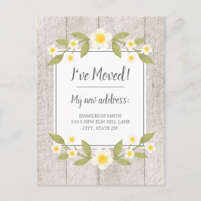 Moving Announce Rustic Wood White Yellow Flowers Postcard (Front)
