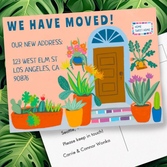 Moving Announcement Address Colorful Front Door  Postcard (Colorful fun front door with plants address change moving announcement postcard - customize it!)