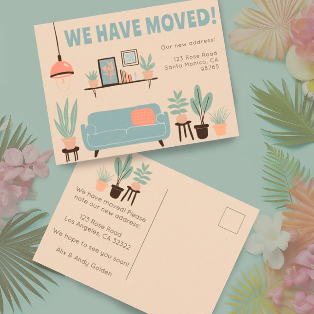 Moving Announcement Address Cute Living Room Sofa  Postcard (Custom change of address postcard. Add your own details. Cute modern living room scene.)