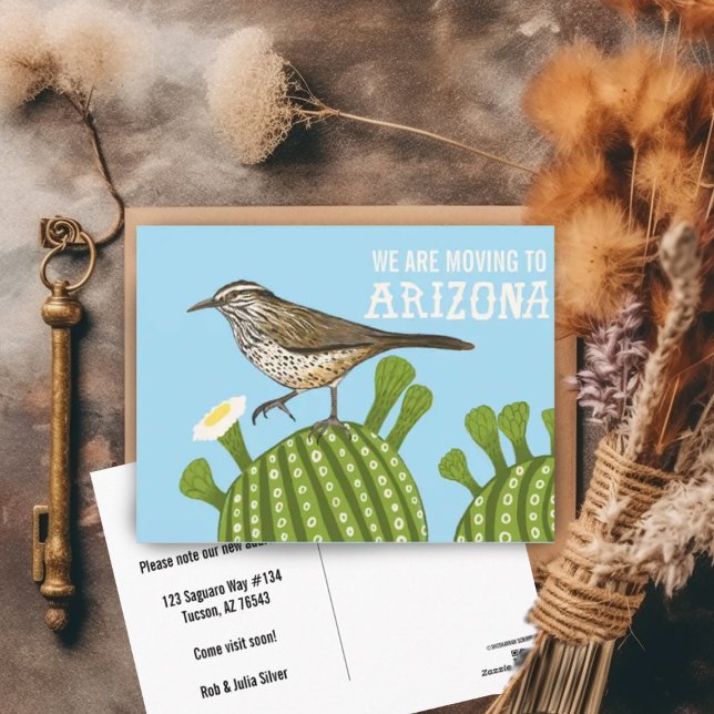 MOVING ANNOUNCEMENT Arizona Saguaro Cactus Wren  Postcard (Arizona moving announcement postcard with cactus wren and saguaro cactus illustration. Customizable!)