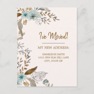 Moving Announcement Blue Brown Floral Leaves Postcard