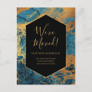 Moving Announcement Blue Gold Marble Ink Modern Postcard