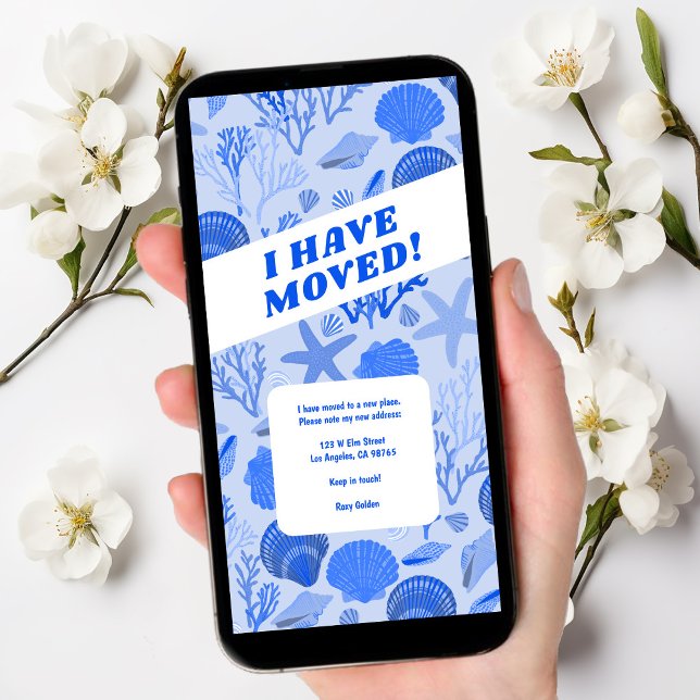 MOVING ANNOUNCEMENT Blue Seashells Beach Tree-Free (Customize this seashell digital moving announcement ecard tree-free email "we have moved")