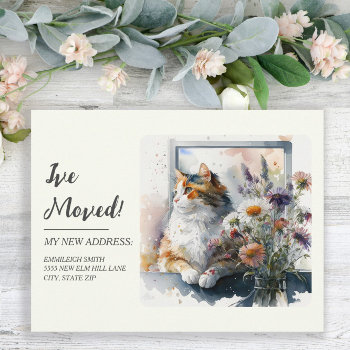 Moving Announcement Calico Cat Daisies Lavender Postcard by ALittleSticky at Zazzle