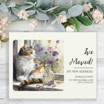 Moving Announcement Calico Cat Window Postcard by ALittleSticky at Zazzle