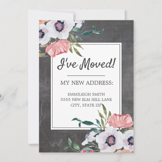 Moving Announcement Chalkboard Pink White Floral (Front)