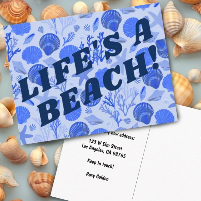 MOVING ANNOUNCEMENT Colorful Blue Seashells Beach Postcard (Hand drawn blue seashells pattern on custom moving change of address postcard. Add your own text)
