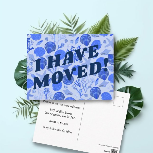 MOVING ANNOUNCEMENT Colorful Blue Seashells Beachy Postcard (Blue seashells pattern customizable Moving Relocation Address Change postcard)
