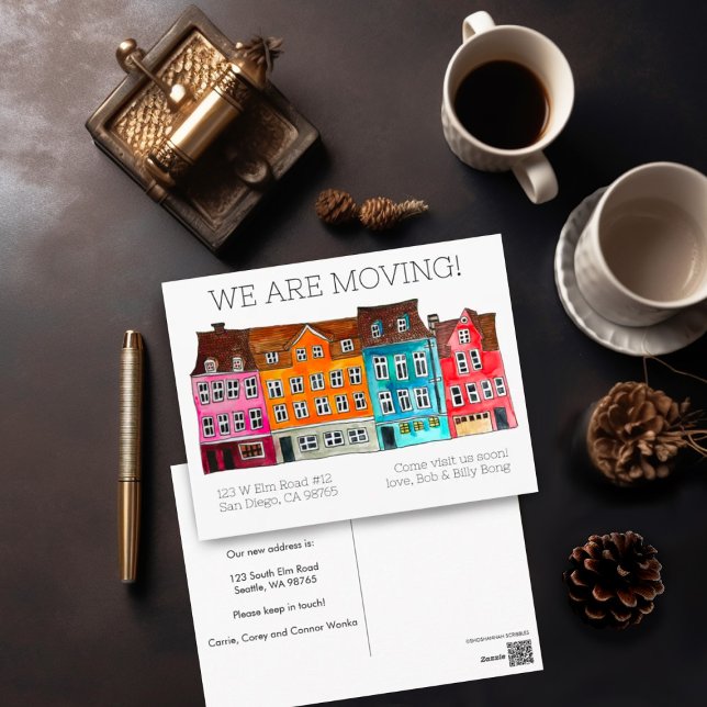 MOVING ANNOUNCEMENT Colorful Houses Watercolor Postcard (Cute watercolor houses with customizable text for moving announcement address change  postcards)
