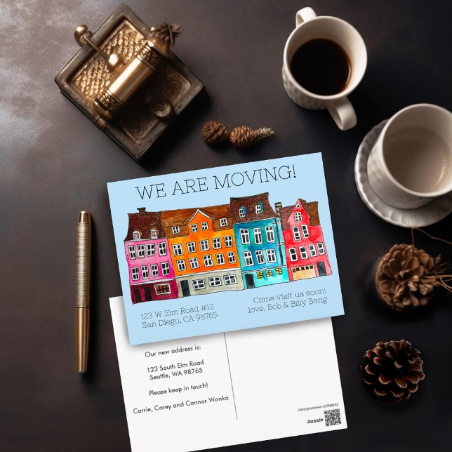 MOVING ANNOUNCEMENT Colorful Houses Watercolor Postcard (Colorful Watercolor painting of houses on custom moving announcement postcard. Add your own text!)