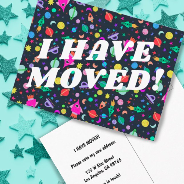 MOVING ANNOUNCEMENT Colorful Space Universe UFO Postcard (Fully customizable moving announcement postcard with cute colorful outer space design)