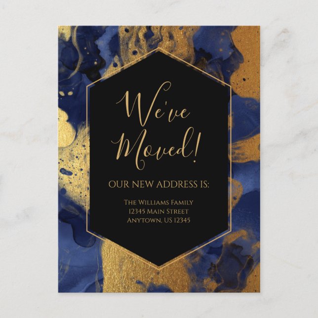 Moving Announcement Gold Blue Marble Ink Modern Postcard (Front)