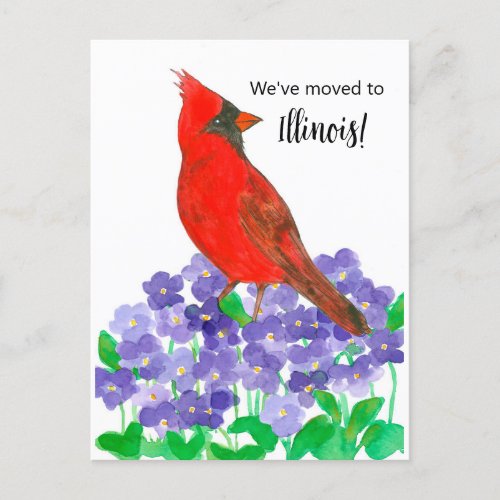Moving Announcement Illinois Cardinal Bird Violets Postcard