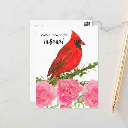 Moving Announcement Indiana Cardinal Bird Peony Postcard